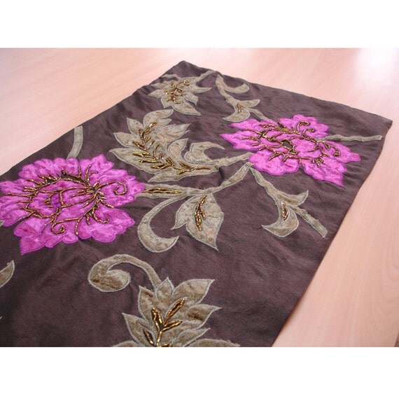 Beaded Table Runner Dark Coffee Luscious Blossoms Applique