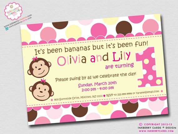 Twin Monkey Girls - First Birthday Party Invitation (Digital File - Printed Cards Also Available) Il_570xn