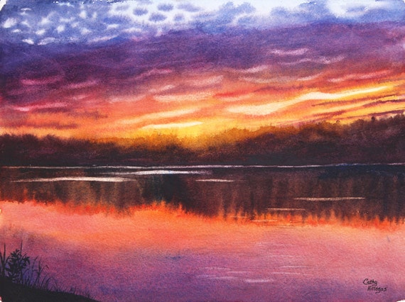 Sunset Lake Watercolor Original Landscape Painting by Cathy