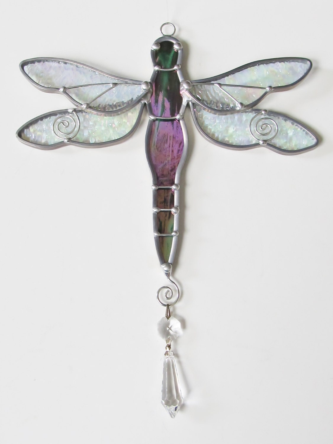 Stained Glass Dragonfly Suncatcher with Prism Glass