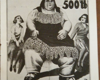 Vintage Circus Poster Herta the Fat Lady Black and White Poster Size Book Plate