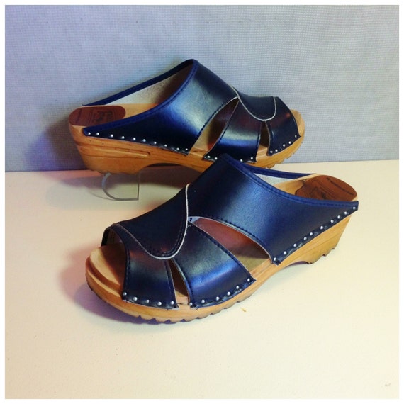 Troentorp Swedish Clogs Navy Blue Leather Peeptoe Size 37