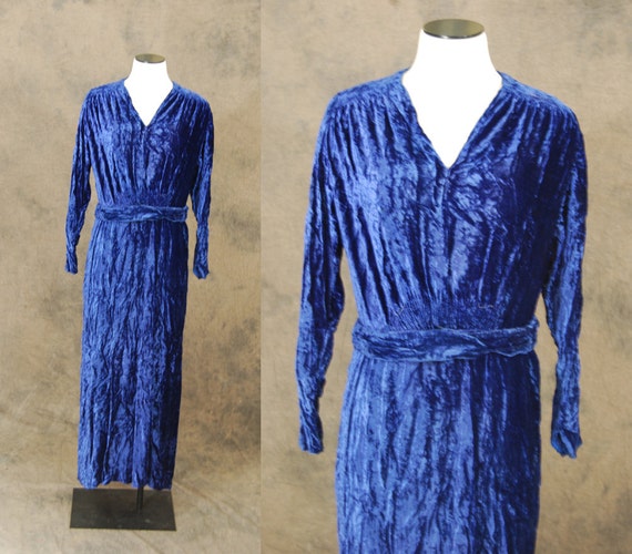 vintage 30s Dress Sapphire Blue Velvet Draped Floor Length