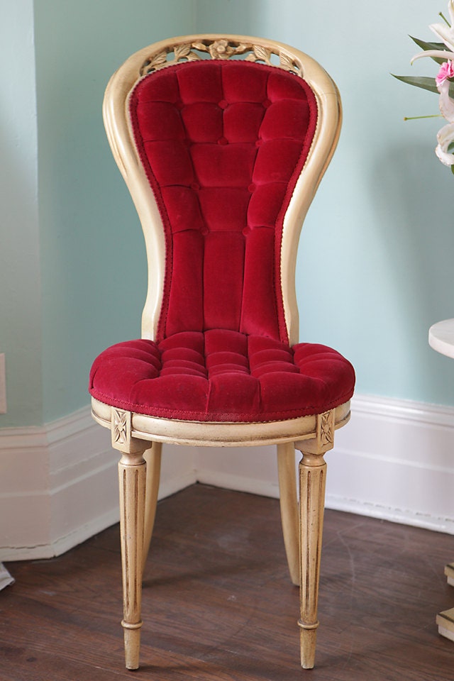 vintage french red velvet tufted chair pair shabby chic