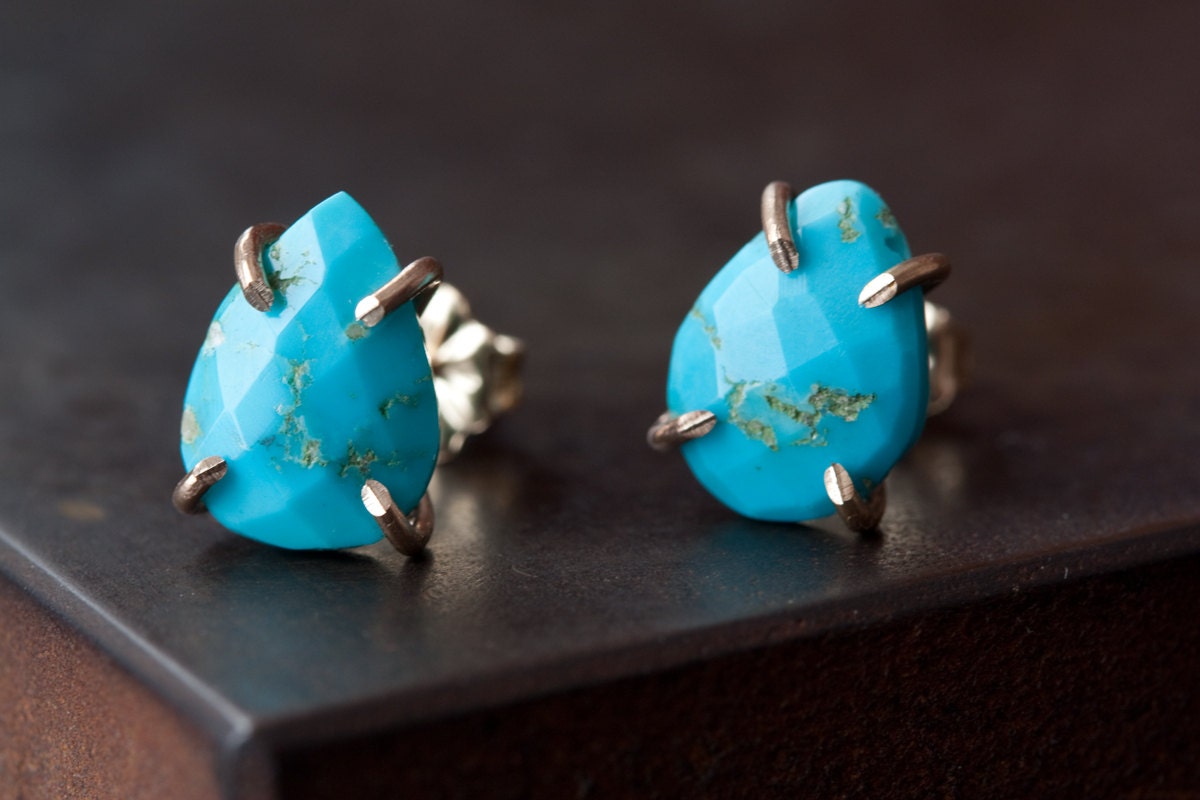Blue Turquoise Stud Earrings in 14kt Gold
