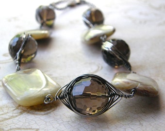 Peruvian Opal and Smokey Quartz Statement Necklace, Herringbone Wire Wrap Necklace, Rustic Boho Jewelry