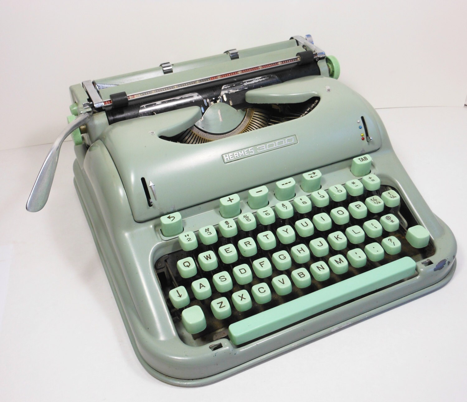 Vintage Typewriter Hermes 3000 Seafoam Green Metal Cover 1950s