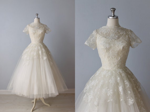 RESERVED Tea Length Wedding Dress / 1950s Wedding Dress