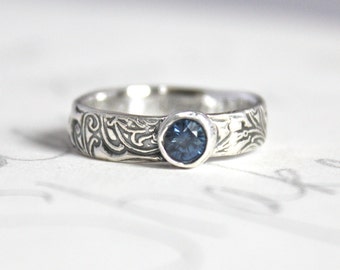 blue sapphire scroll engagement ring ethical silver unique engagement ring engraved message made - Bohemian Wedding Rings blue sapphire scroll engagement ring ethical silver unique engagement ring engraved message made - Bohemian Wedding Rings