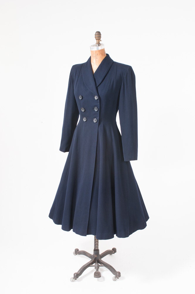 1940s Fitted Navy Blue Wool Coat Vintage Fifth Avenue New