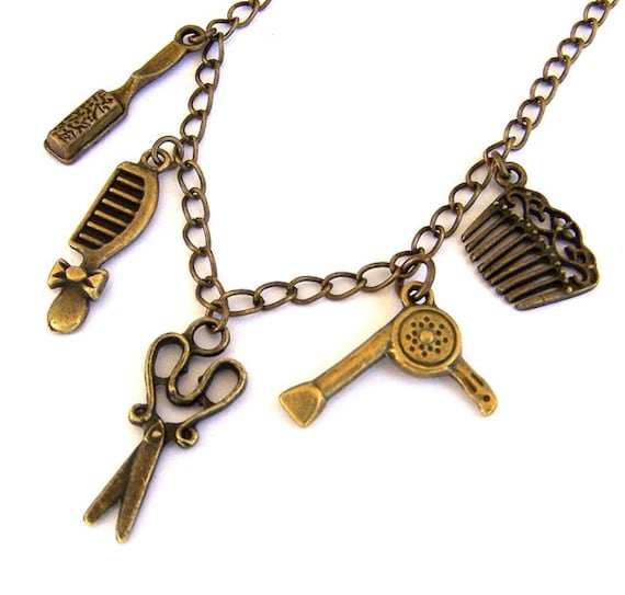 Antiqued bronze hair stylist necklace, hairdresser charm necklace or ...
