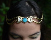 Elven Fairy Pixie Tribal Brass Turquoise Triple Goddess Moon Witch Tiara Crown Head Piece OOAK