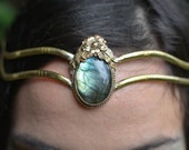 Elven Fairy Pixie Brass Goddess Labradorite Crystal Stone Flower Tiara Crown Head Piece OOAK