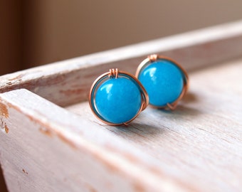 Deep sky blue medium stud earrings, wirewrapped of rose gold filled wire
