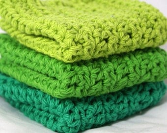 Crochet Dishcloths Washcloths Fresh Grass Green Colors Set of 3