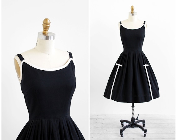 vintage 1950s dress / 1960s dress / Black and White Cotton