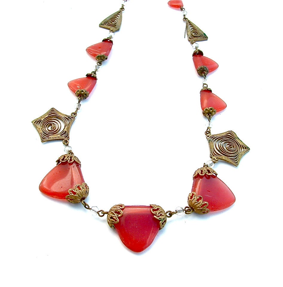 Art Deco Necklace Glass Carnelian Faux Gemstone Necklace