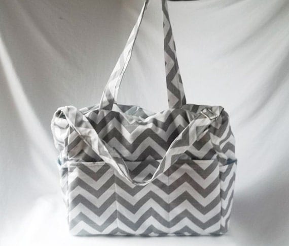 Chevron diaper bag with zippered closure - Medium Grey chevron baby bag - zig zag medium weekender -Made to Order