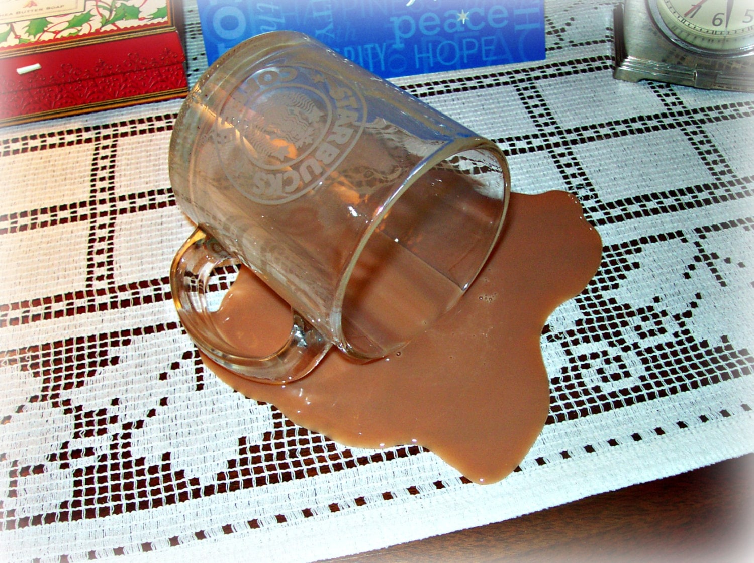 Fake Spilled Cup of Coffee in a Glass Starbucks Mug Gag Photo