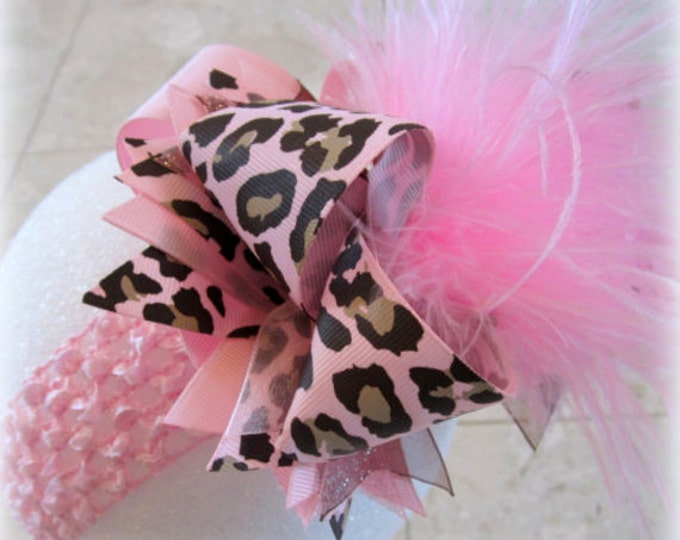 Leopard hair bow, Leopard Over the Top Hair Bow, Baby Pink Hair Bow, Light PInk Hairbows, Large Hair Bow, Boutique Hairbow, Big Hairbows