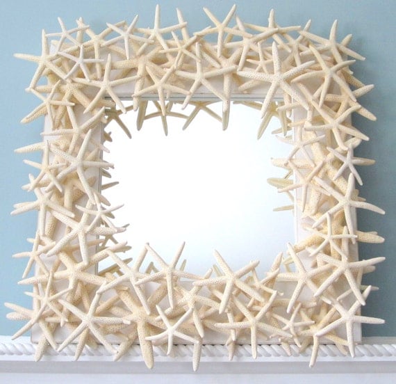 Beach Decor White Starfish Mirror -  Nautical Shell Mirror - White Starfish Seashell Mirror