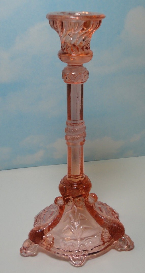 Rare Vintage Pink Glass Candlestick Holder with fish and