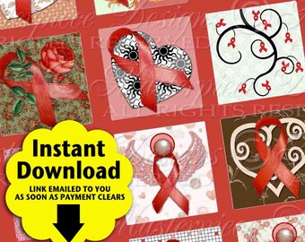 Diabetes Awareness Printable Squares / Red Ribbons Hearts Flowers - INSTANT DOWNLOAD 1x1 Inch Square Tiles Digital JPG Collage Sheet