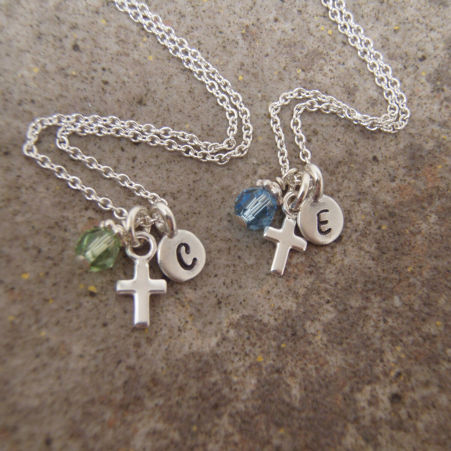 Tiny Baby Baptism cross and initial necklace by filigreepheasant