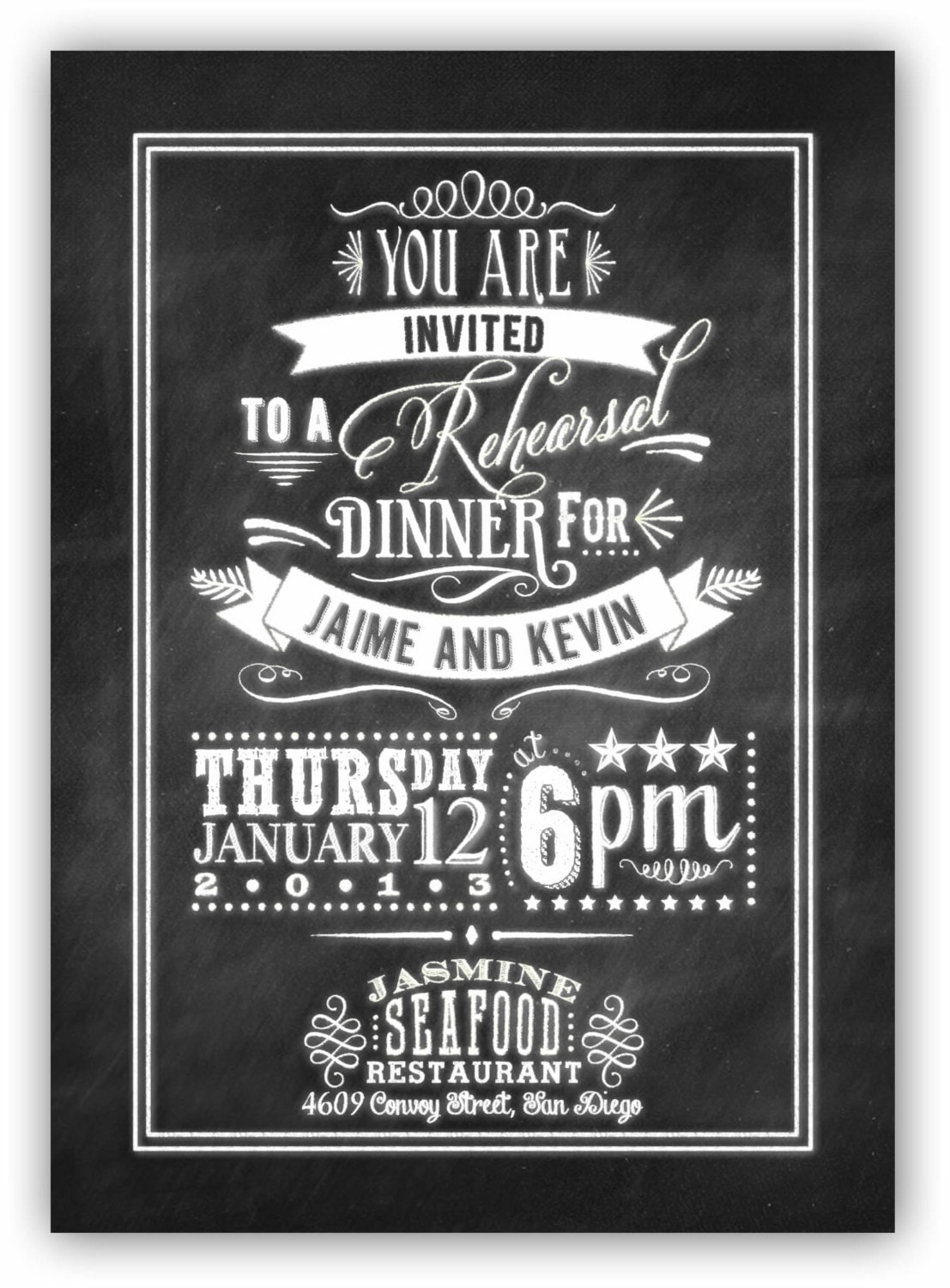 card template layout greeting Digital 5x7 Rehearsal Design. Chalkboard Art Dinner Invite