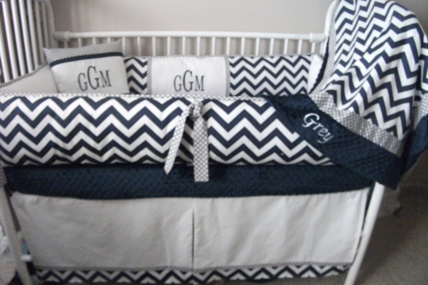 Navy Blue Gray and White Chevron Boy Baby bedding Crib set