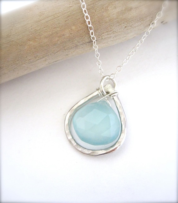 Teardrop sea blue chalcedony sterling silver necklace