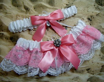 Pink White Satin Lace Double Ruffle Rhinestone Wedding Garter Bridal Set