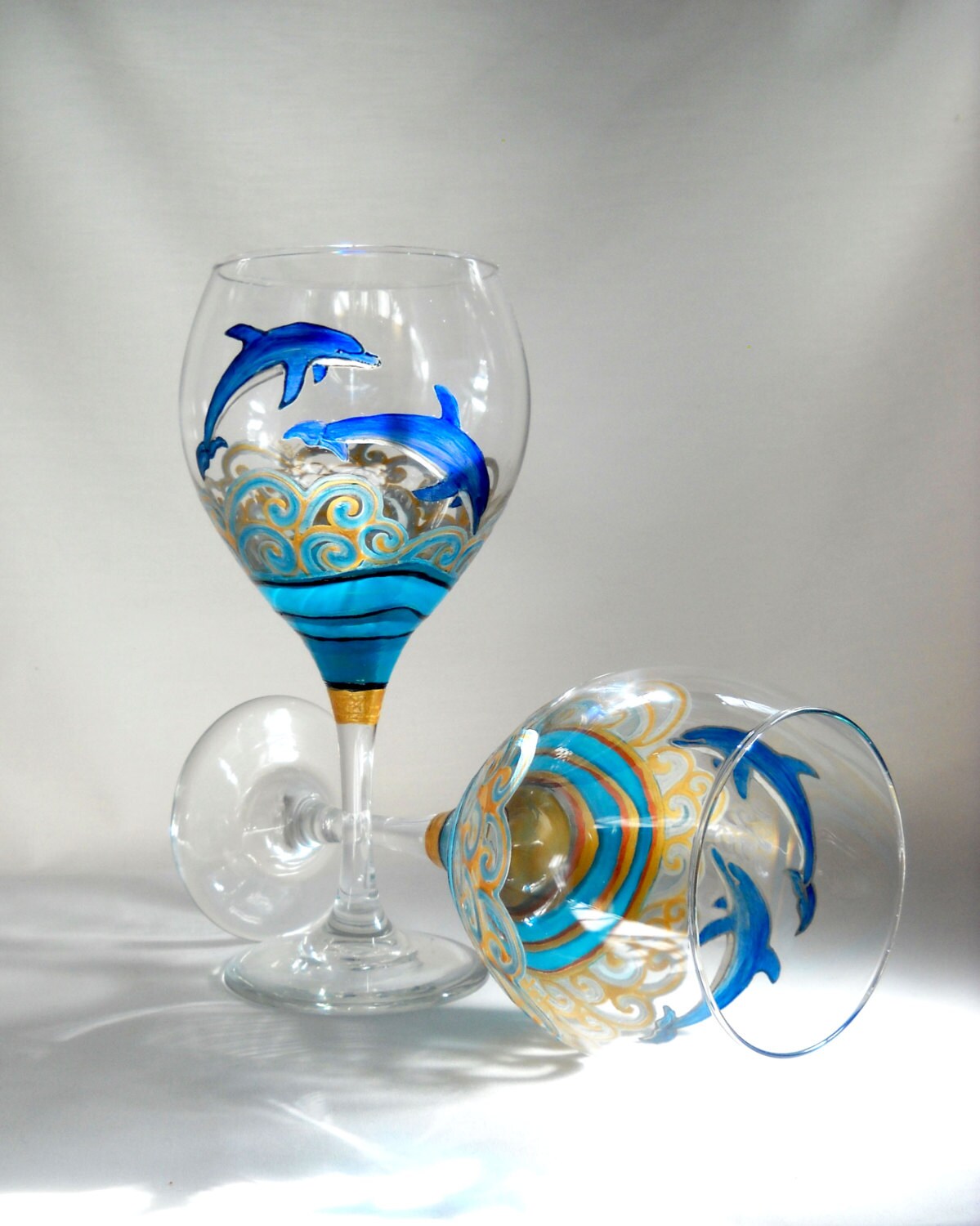 Blue Dolphin Wine Glasses Hand Painted Ocean by SkySpiritStudios