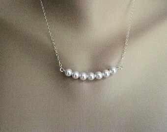 Row of Pearls Necklace, Bridesmaid gift, Wedding Necklace, Bridal Party, Sterling Silver, Graduation Necklace