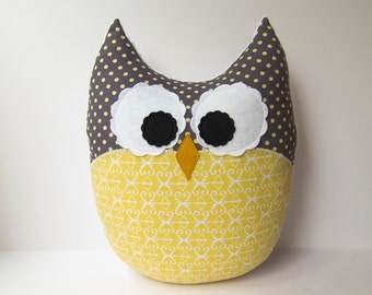 Large Owl Pillow Plush Owl Yellow Ikat Gray White Nursery Decor