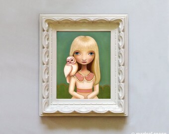 Owl art and big eyed girls room decor - Elsa print on somerset velvet - woodland pop surrealism by Marisol Spoon