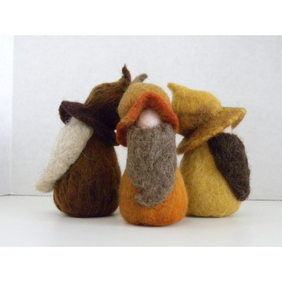 A Trio Of Autumn Toned Needle Felted Gnomes For Home Decor Or