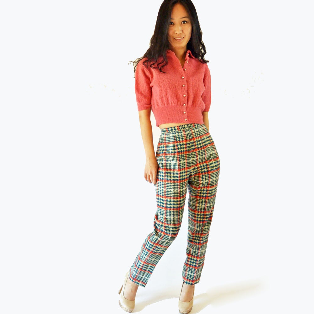 vintage 60s MOD high waisted pants / Plaid Wool Cigarette