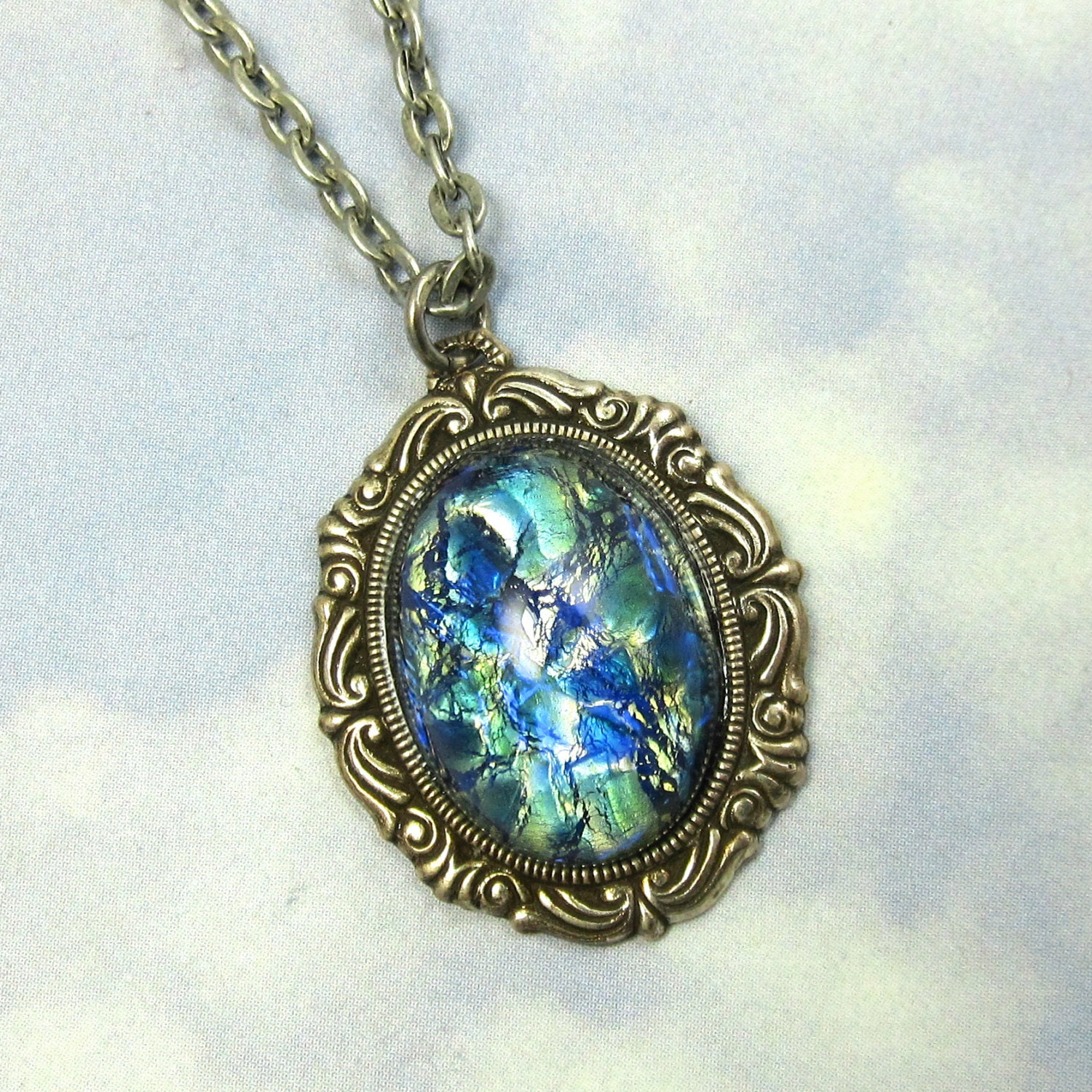 Blue Fire Opal Pendant Necklace with Vintage Glass Pendant on