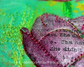 MarveLes EnJOY Collage Art Quilt with Red Purple Flower Wall Hanging Home Decor Green pink lace