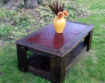 Coffee Table with Casters, Glass Mosaic Centerpiece, "Fire & Ice", Rustic Contemporary, Dark Brown Finish - Handmade
