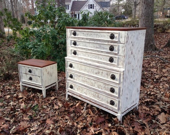 Distressed White Nightstand and Highboy Dresser