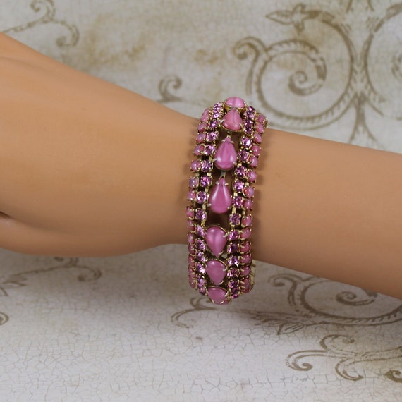 Vintage Pink Rhinestone Golden Wide Julianna Style Bracelet