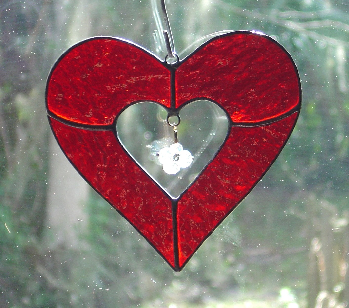 Beautiful Textured Red Stained Glass Heart Sun Catcher with