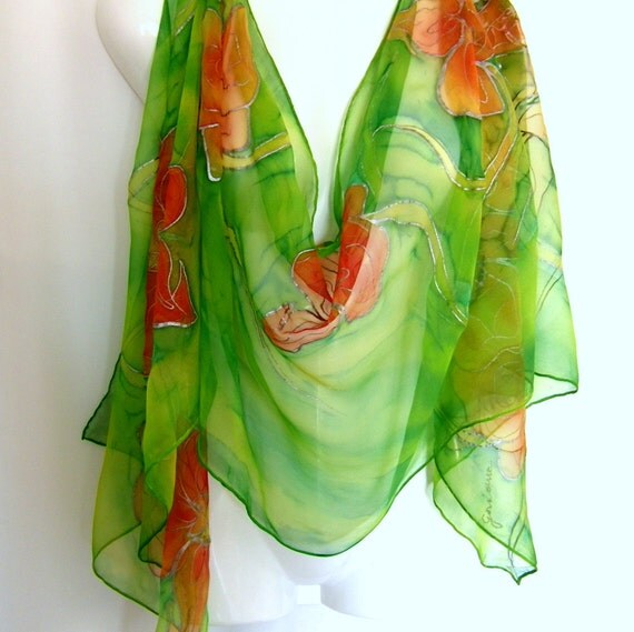 Hand Painted Silk Scarf Orchids Orange May Green by silkshop