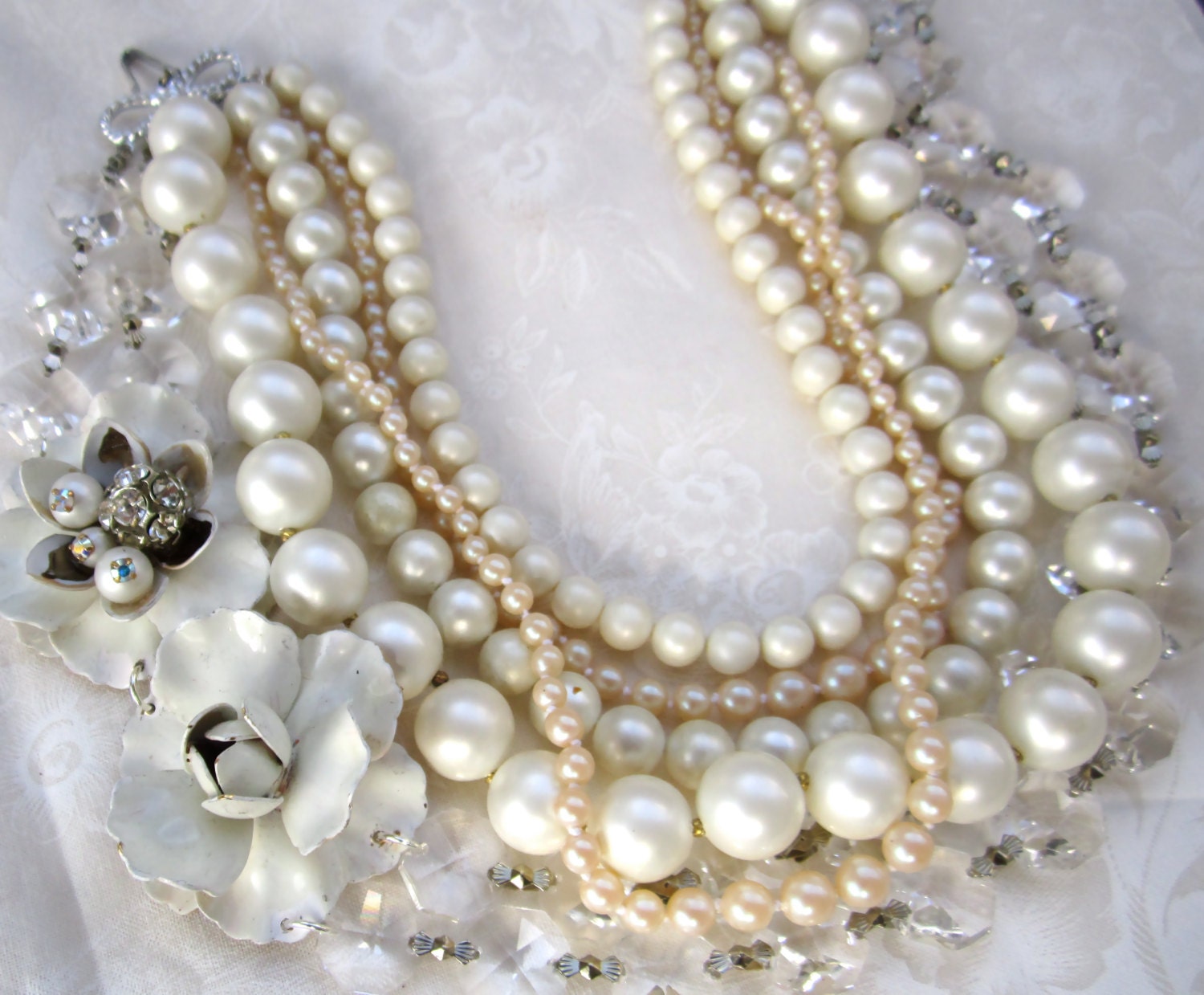 Chunky Pearl Necklace White Bridal Pearl Statement Crystal