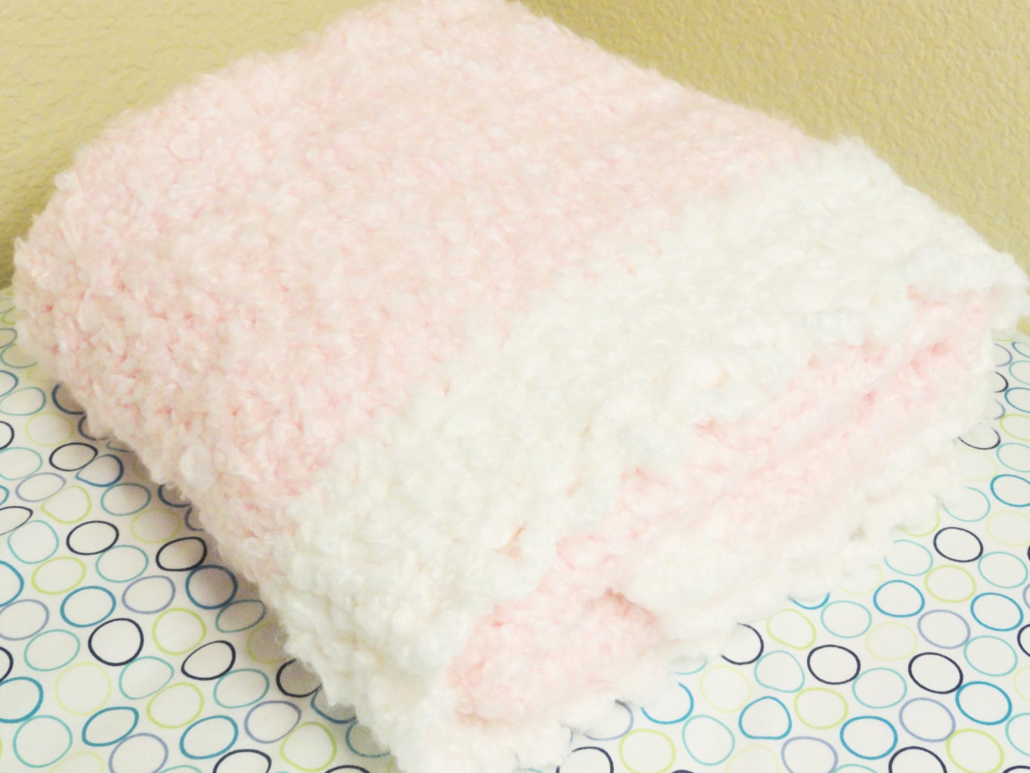 Hand Crocheted Baby Blanket Pink n White Fluffy Handmade 30 x