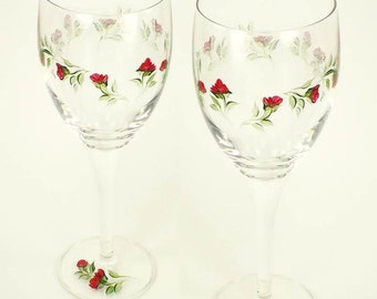 Elegant Hand-Painted Wine Glasses - Graceful Red Rose Buds, Green Leaves Set of 4 - Personalized Painted Wine Glasses
