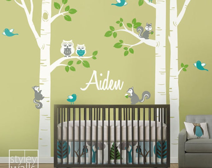 Birch Trees Wall Decal, Kids Personalized Birch Trees Nursery Wall Decal, Forest Animals Owsl Squirrels Birds Baby Room Art Decor