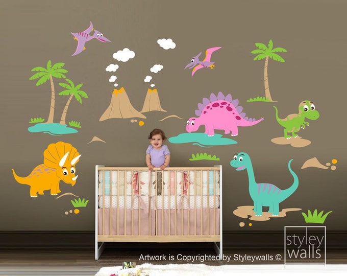Dinosaurs Wall Decal, Dinos Wall Decal, HUGE Set, Dinosaurs Baby Nursery Kids Playroom Vinyl Wall Decal Wall Decor, Dinosaurs Wall Sticker